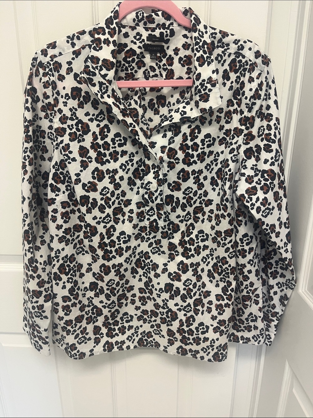Talbots White Leopard Print Button-Down Shirt with Brown and Black Spots